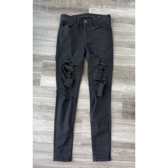 American Eagle Black Hi-Rise Jegging Jeans Size 2 Skinny Distressed N6 - Picture 1 of 7